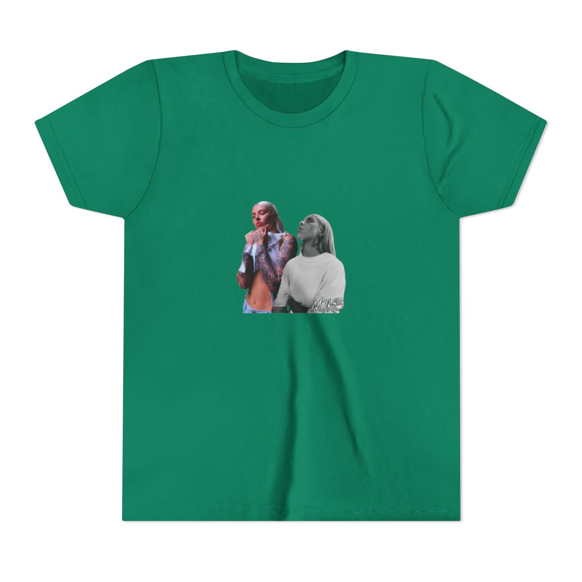 Black T Shirt featuring a graphic of two women. The text "YOUNG" is printed in silver above the image. The text "MIKO" is printed in silver below the image (Kids)