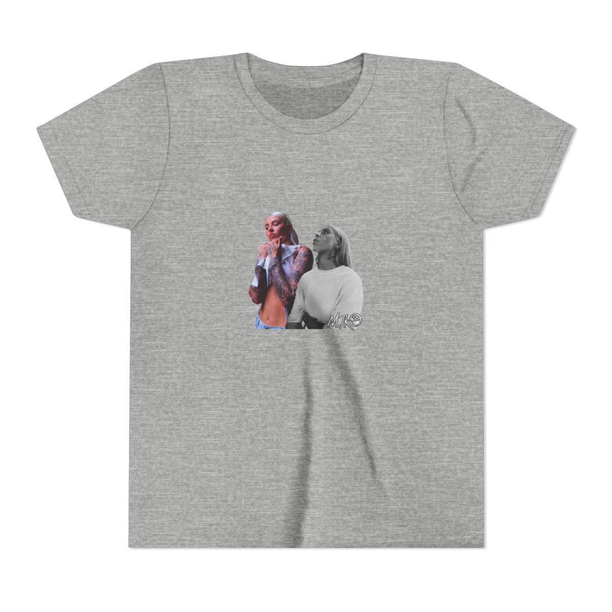 Black T Shirt featuring a graphic of two women. The text "YOUNG" is printed in silver above the image. The text "MIKO" is printed in silver below the image (Kids) - alternate angle 2, merchandise